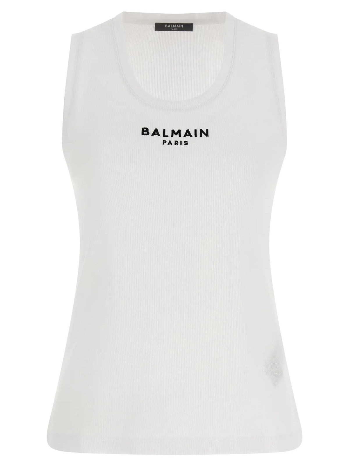 Balmain white cotton sleeveless t-shirt with ribbed texture and black embroidered branding