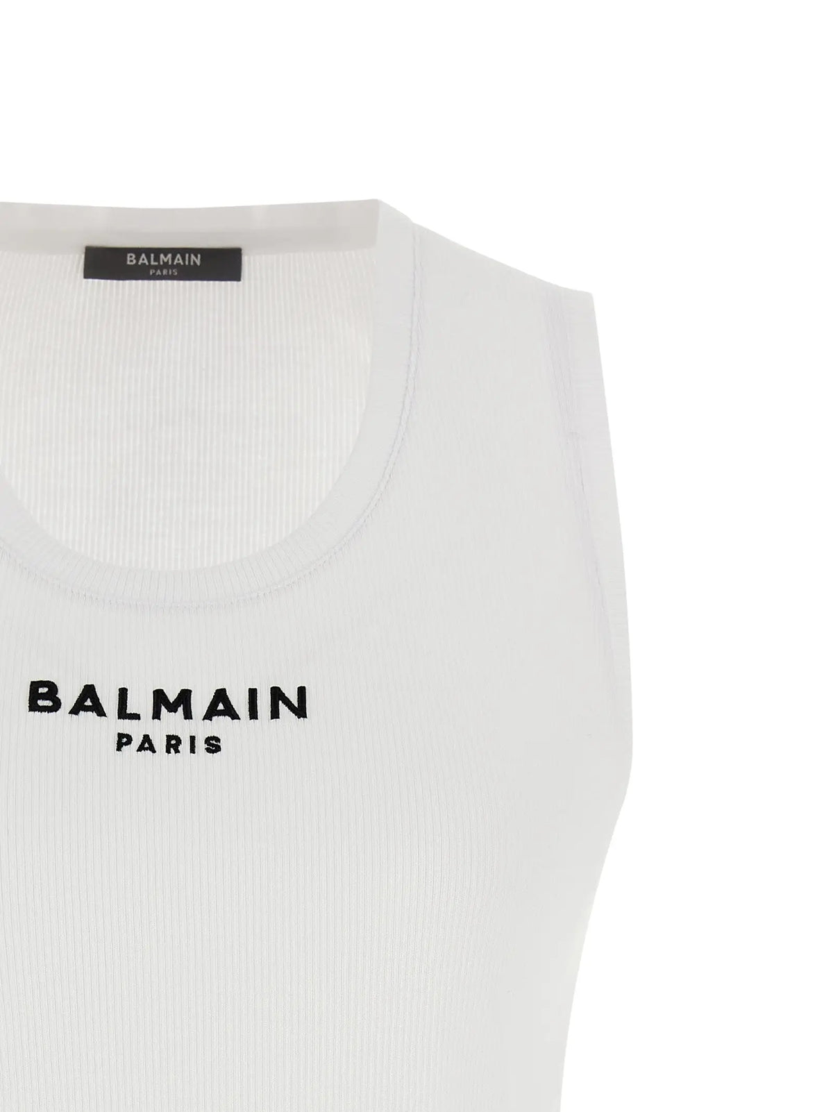 Balmain white cotton sleeveless t-shirt with ribbed texture and black embroidered logo