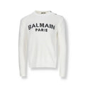 Balmain white cotton sweatshirt with black embroidered lettering and silver buttons on the shoulders