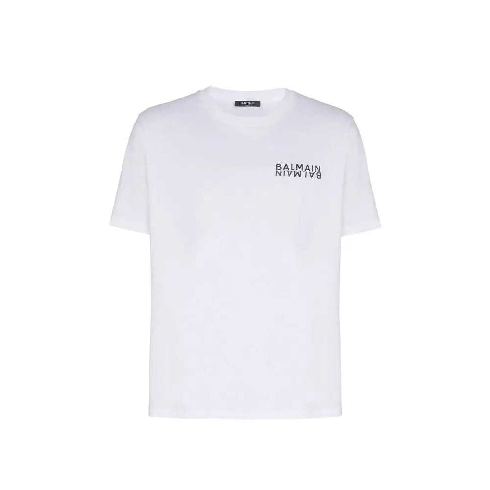 T-shirt balmain blanc en coton avec logo noir brodé sur la poitrine manches courtes