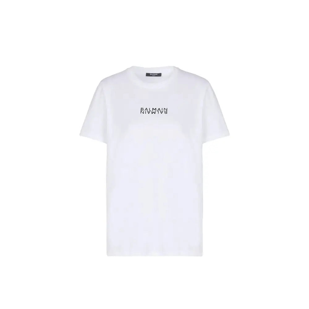 T-shirt balmain blanc en coton avec logo noir brodé sur la poitrine