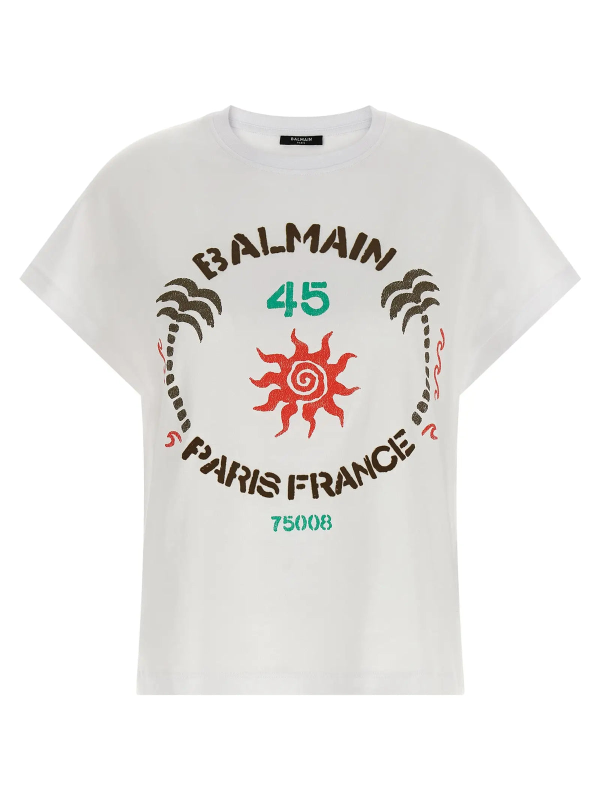 Balmain white cotton t-shirt with bold circular graphic featuring balmain 45 paris france text and palm tree motifs