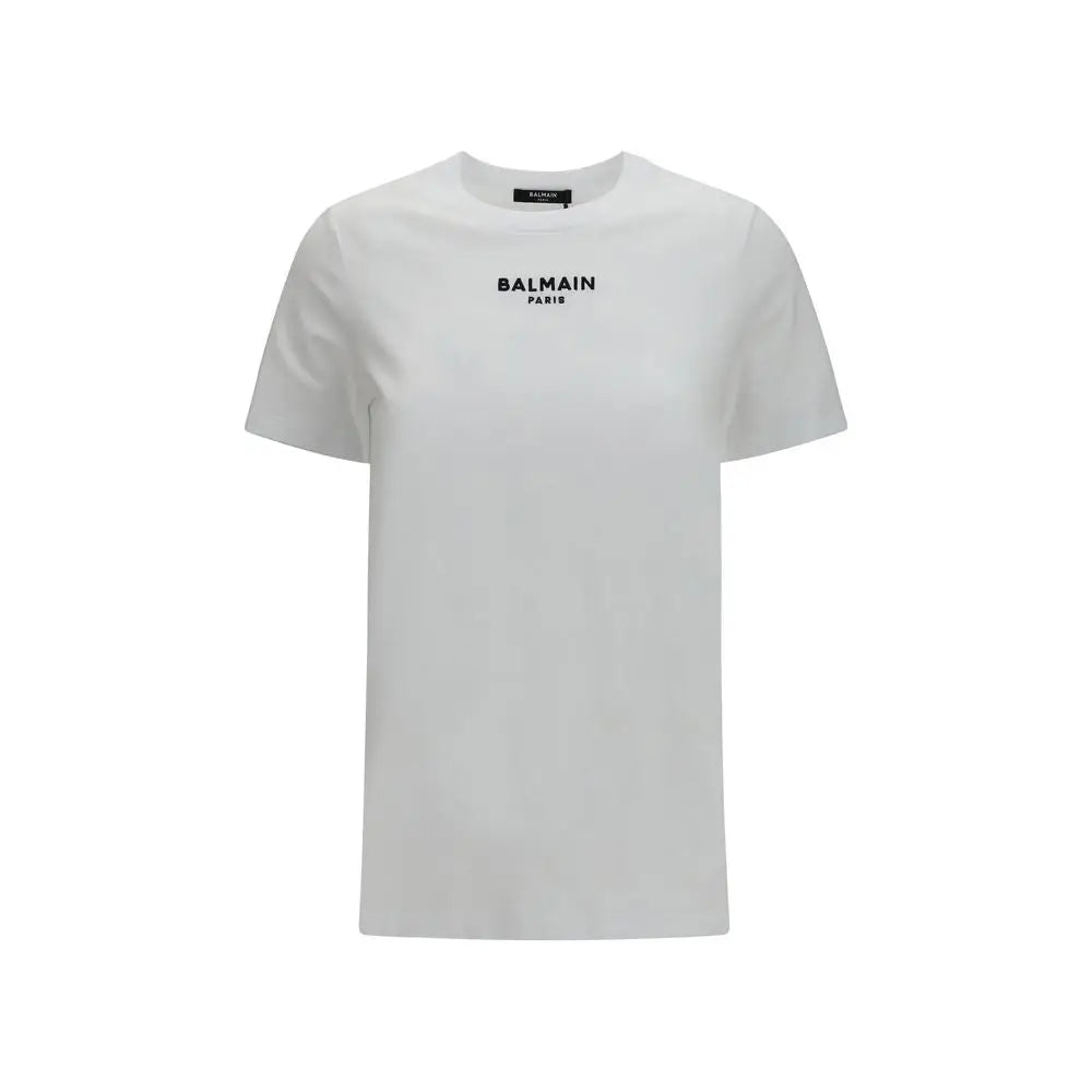 T-shirt blanc balmain paris en coton manches courtes avec logo noir imprimé sur la poitrine