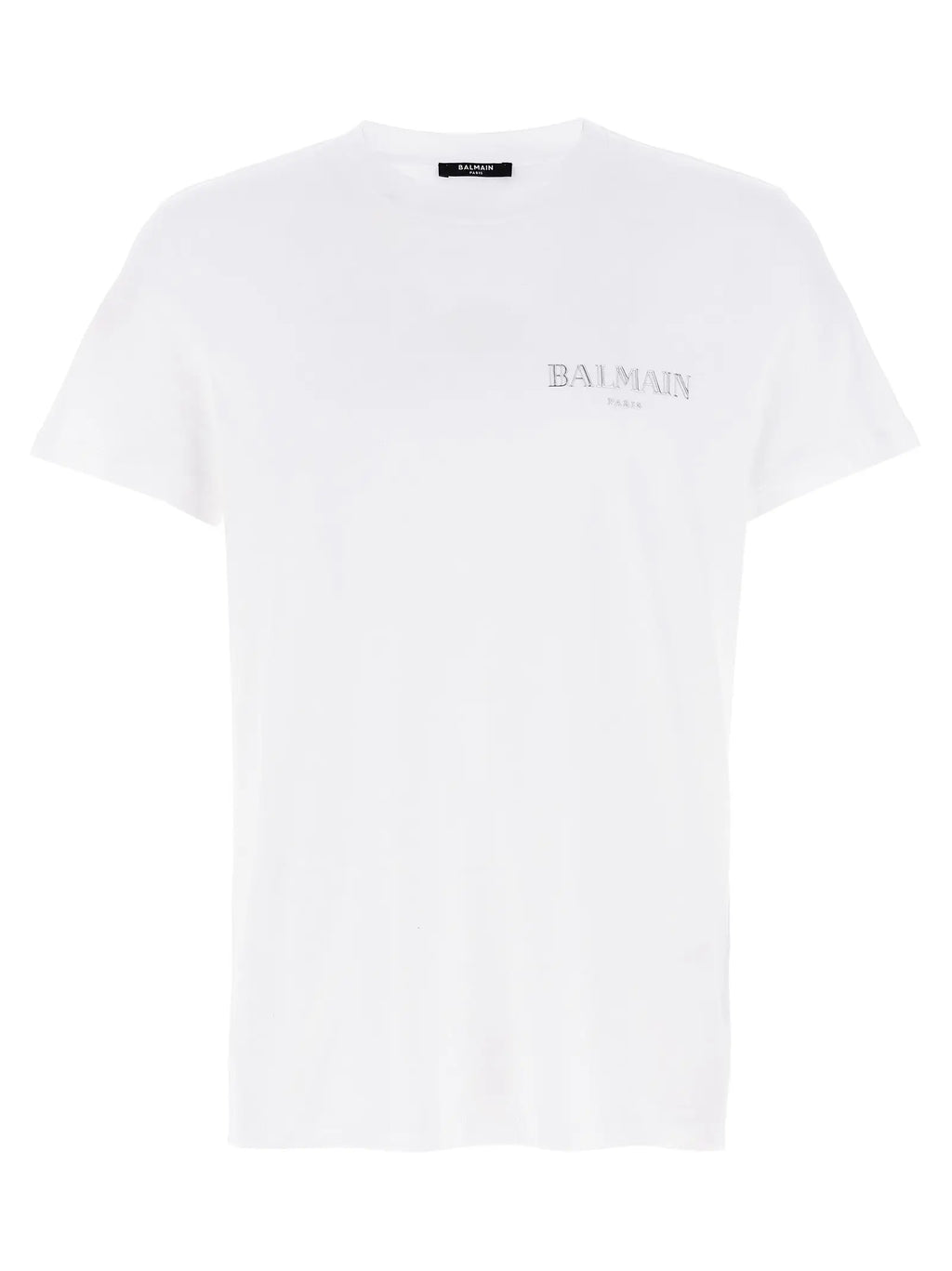 T-shirt balmain blanc en coton biologique avec broderie argentée subtile sur la poitrine