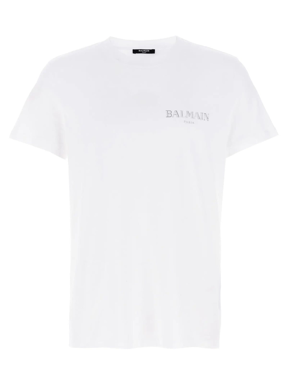 T-shirt balmain blanc en coton biologique avec broderie argentée subtile sur la poitrine