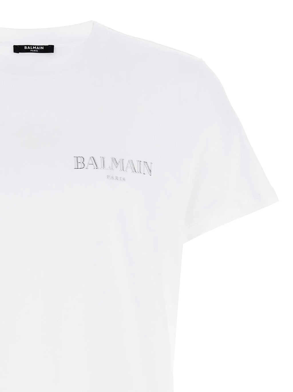T-shirt blanc balmain en coton biologique avec broderie argentée subtile sur la poitrine