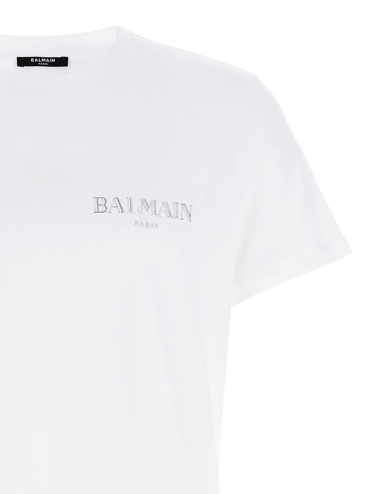 T-shirt blanc balmain en coton biologique avec broderie argentée subtile sur la poitrine