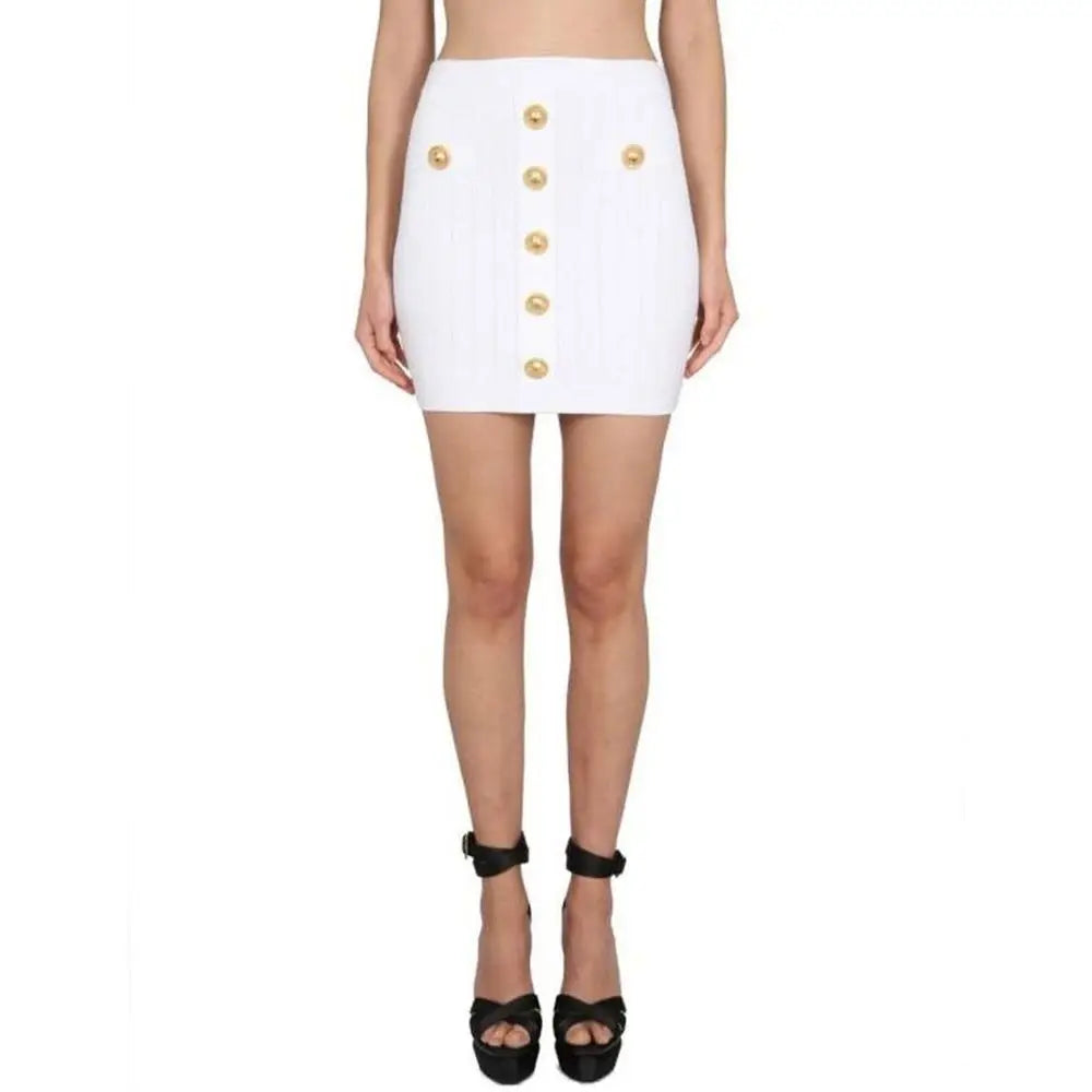 Mini jupe blanche en polyester balmain avec boutons dorés sur le devant