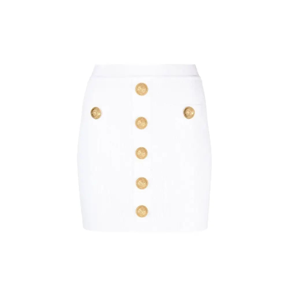 Mini jupe blanche balmain en polyester avec cinq boutons dorés sur le devant