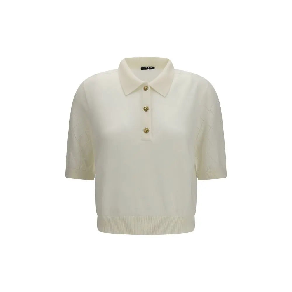 Chemise polo en laine blanche balmain avec col classique et trois boutons dorés en maille crème