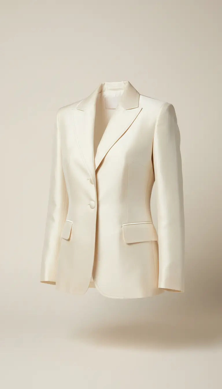 Blazer femme ivoire en soie avec un design classique double boutonnage et épaules structurées en satin écru