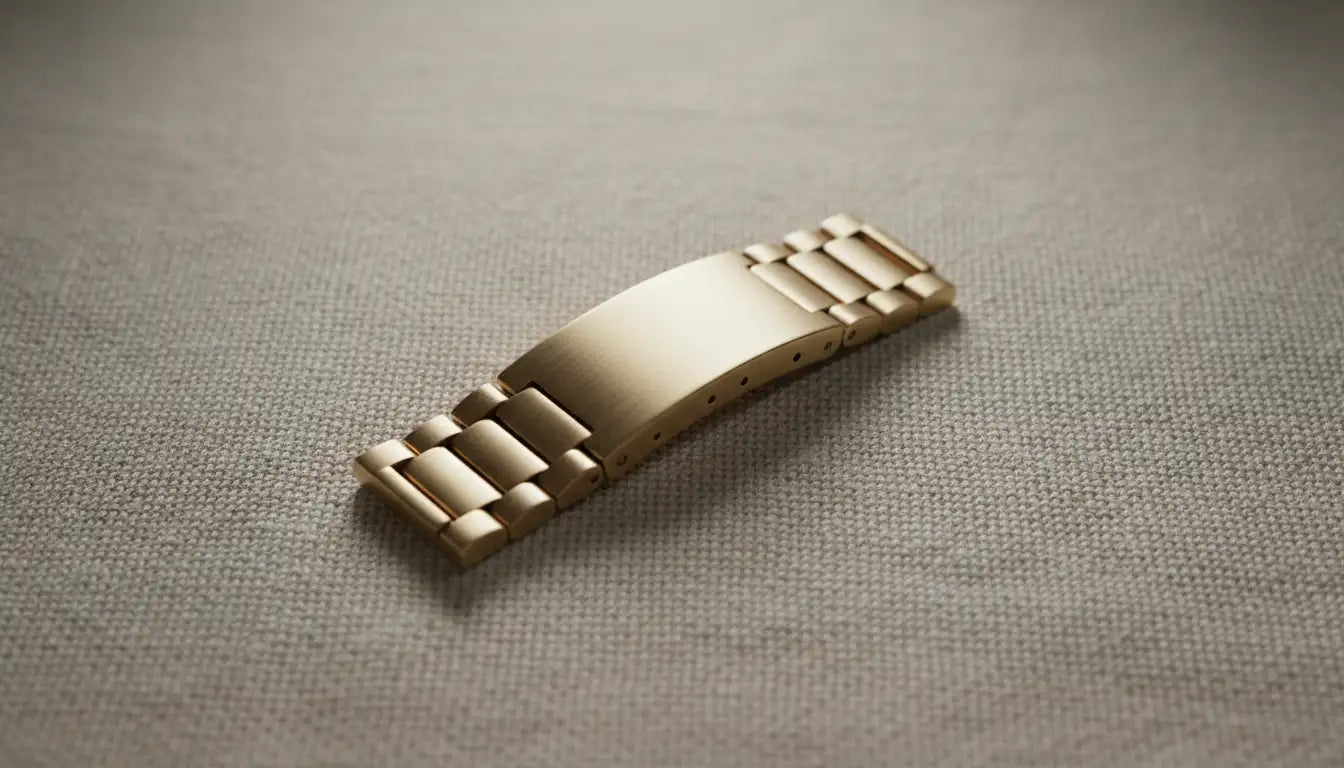 Bracelet de montre en acier inoxydable doré, avec une finition lisse et polie et des maillons à emboîtement.