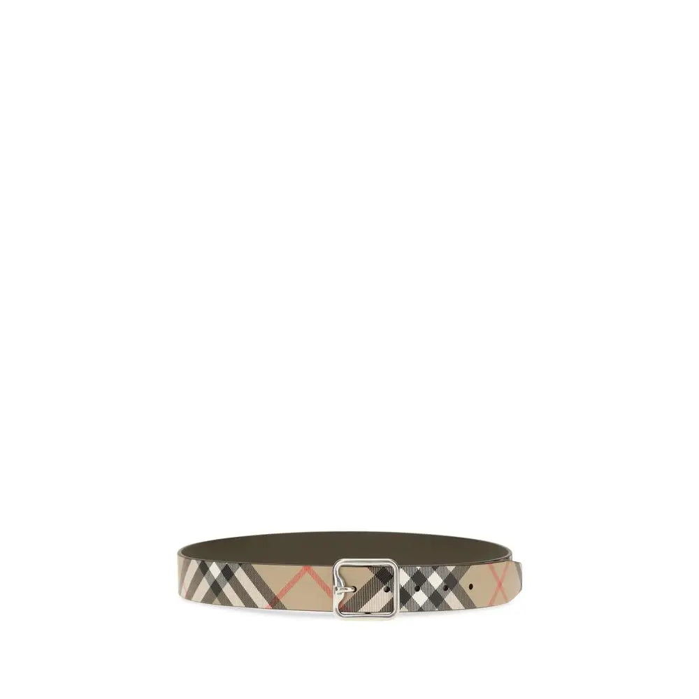 Burberry beige ceinture régulière en cuir de veau bos taurus à motif carreaux beige noir et rouge avec boucle argentée