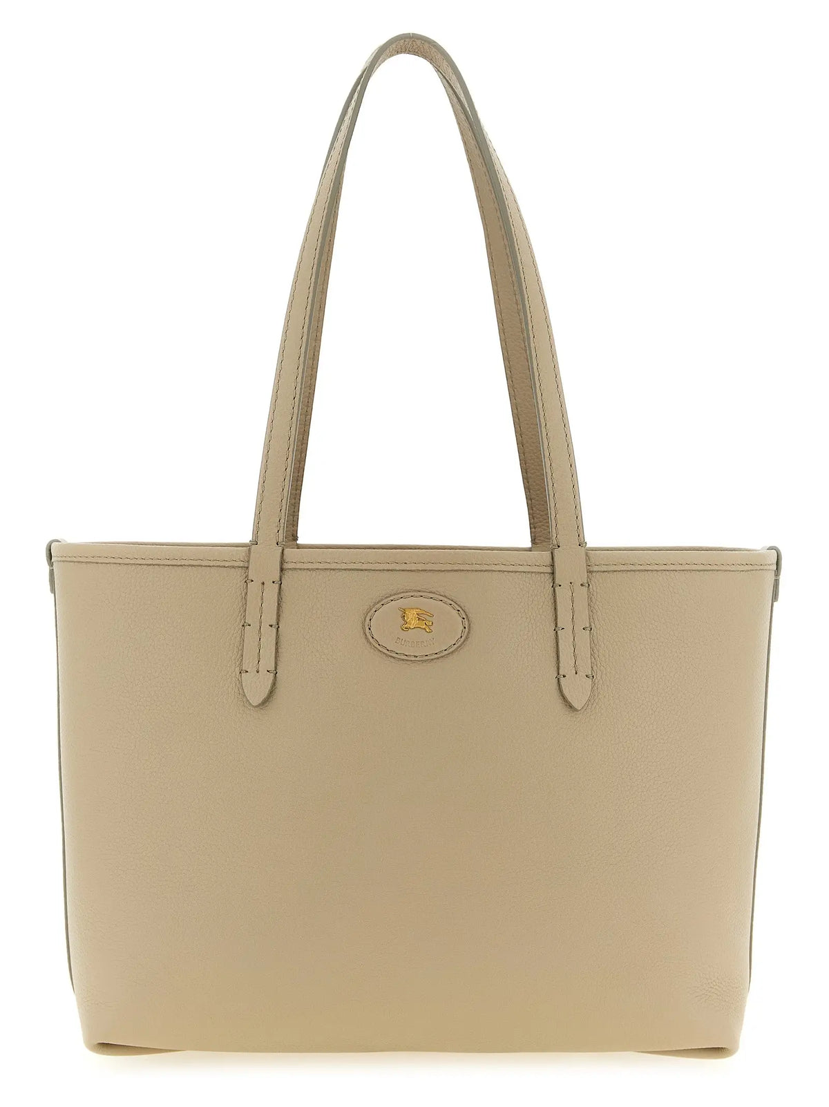 Sac fourre-tout burberry beige en cuir de veau avec plaque logo dorée et poignées assorties