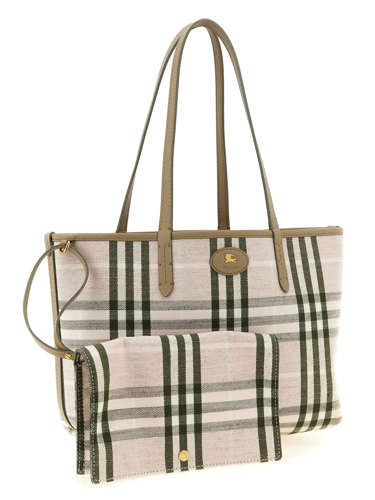 Burberry beige calfskin tote bag with beige and black plaid canvas, tan leather handles, and gold-tone logo plaque