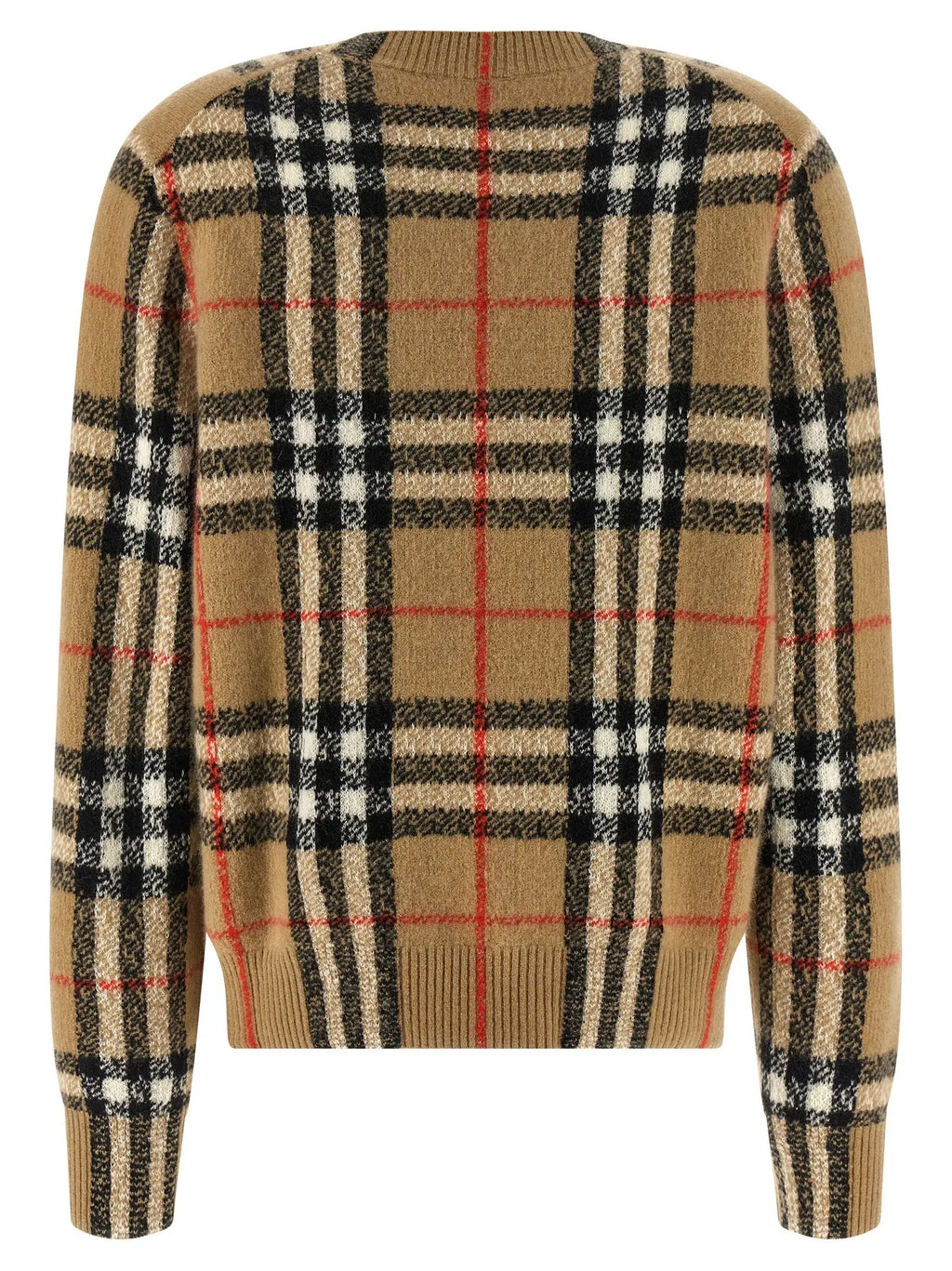 Cardigan burberry beige en cachemire avec motifs à carreaux beige noir blanc et rouge en laine et bordures côtelées