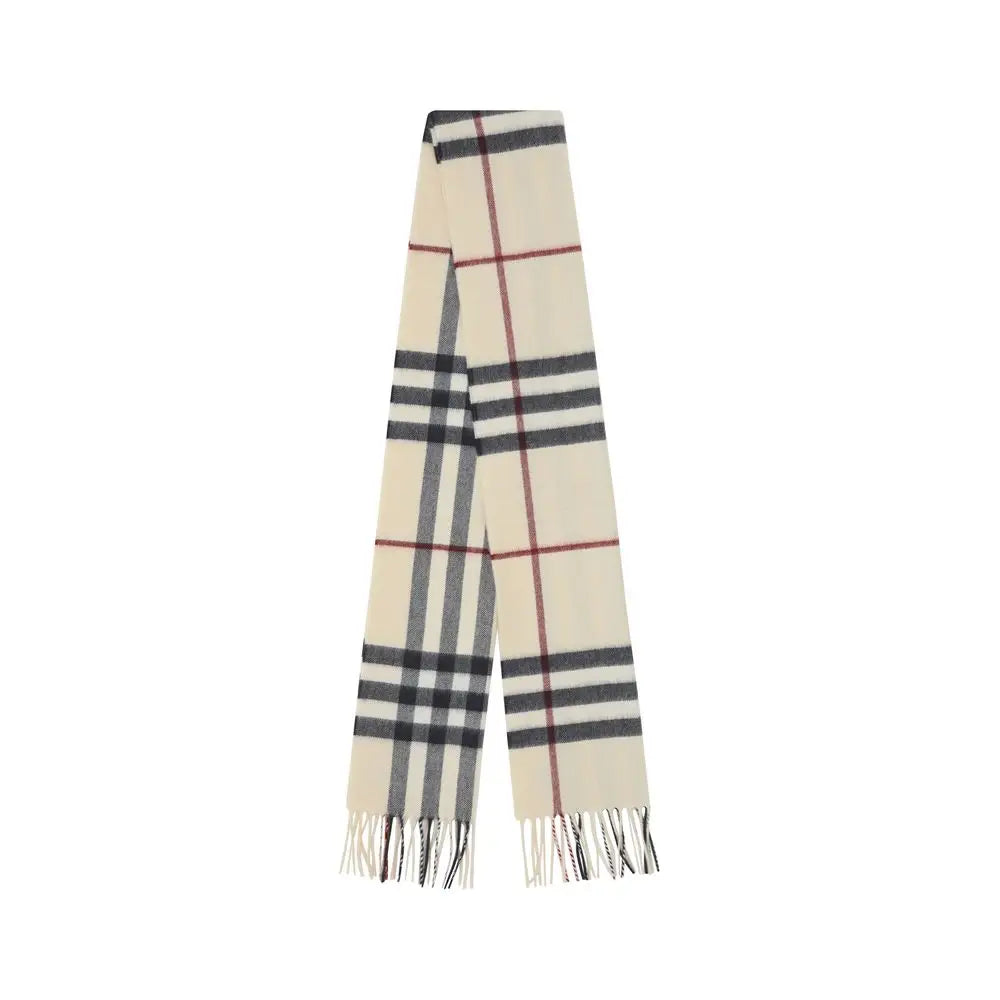 Écharpe burberry beige en laine cachemire crème avec motif à carreaux classique noir gris rouge et bouts frangés