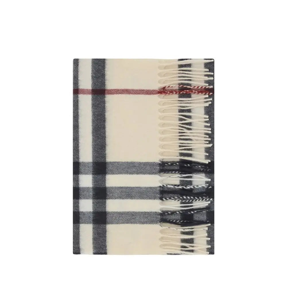Écharpe en cachemire beige burberry avec motif à carreaux noir blanc et lignes rouges fines finition à franges douces