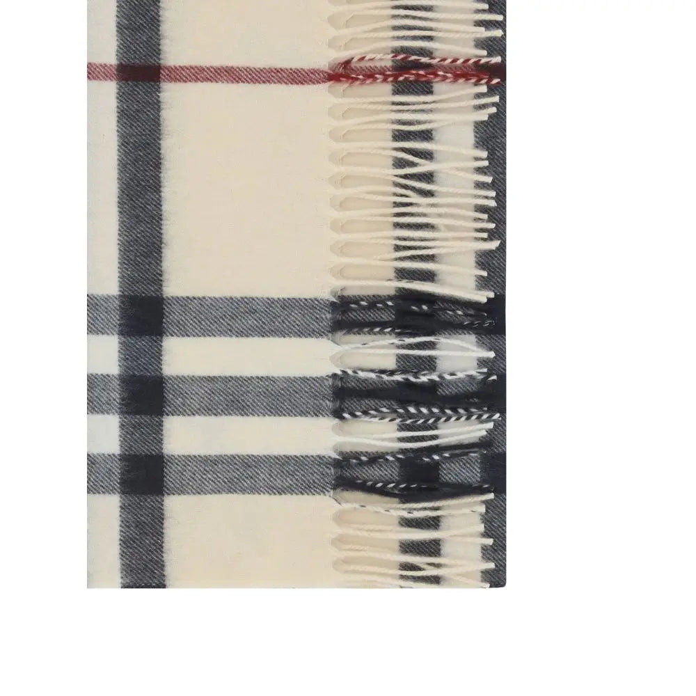 Écharpe en cachemire beige burberry avec motif à carreaux noirs et rouges et bords effilochés en laine crème