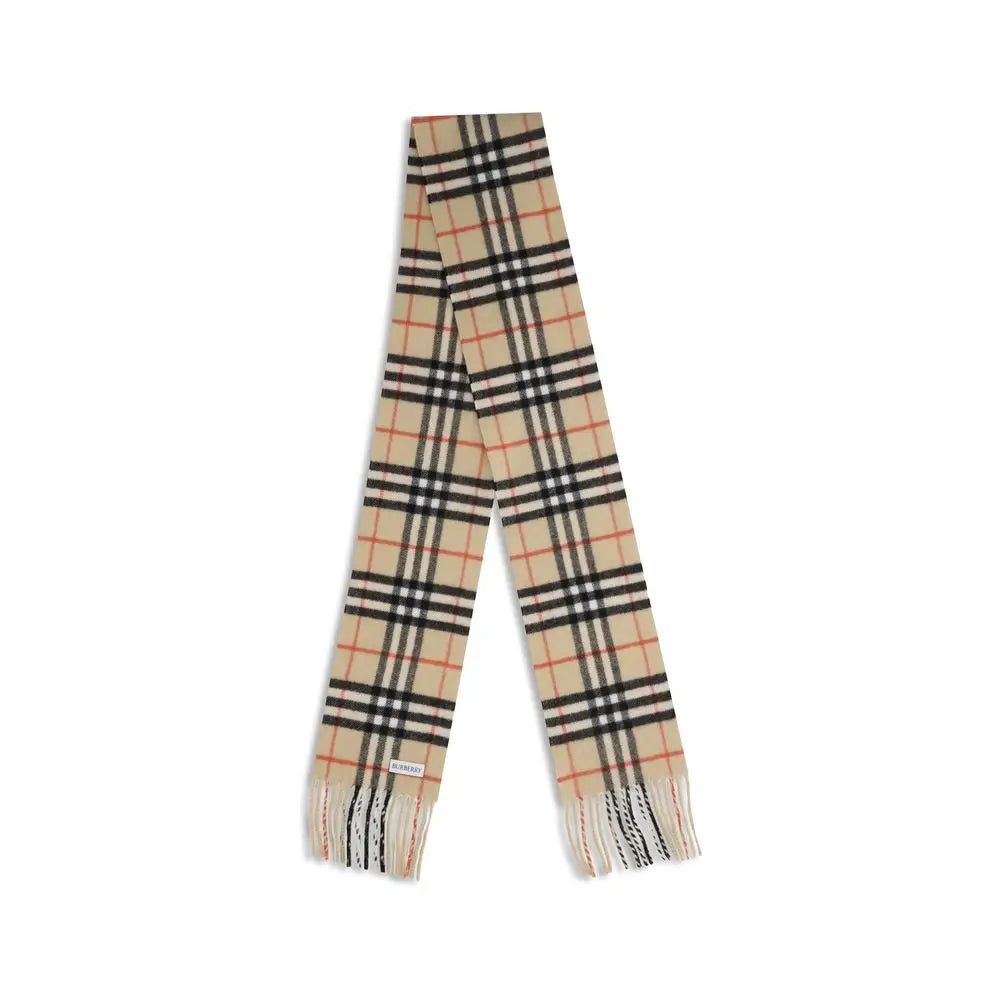 Écharpe burberry beige en cachemire avec motif à carreaux noir et rouge et extrémités à franges