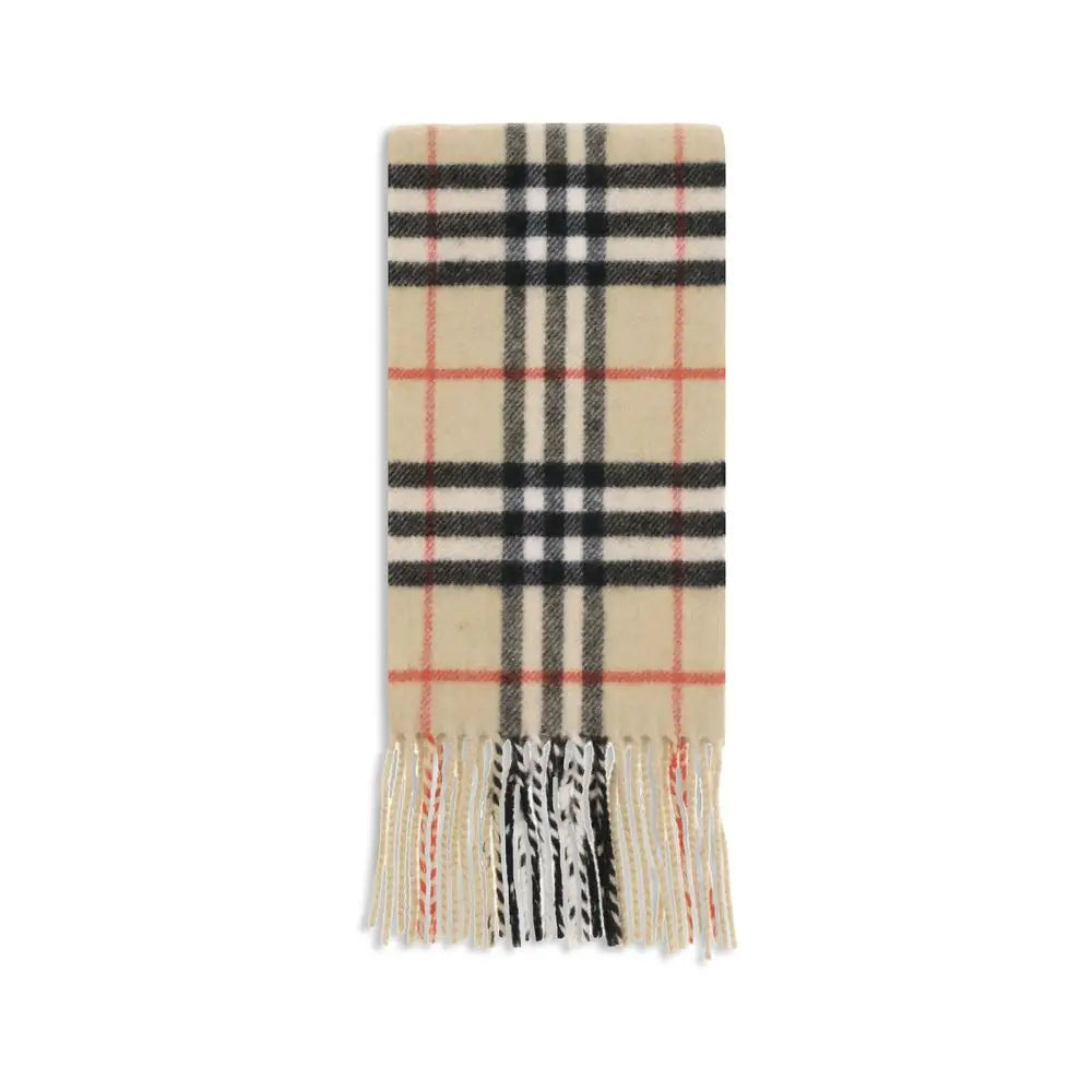Beige burberry cashmere scarf with classic check pattern featuring black white and red stripes and fringed ends