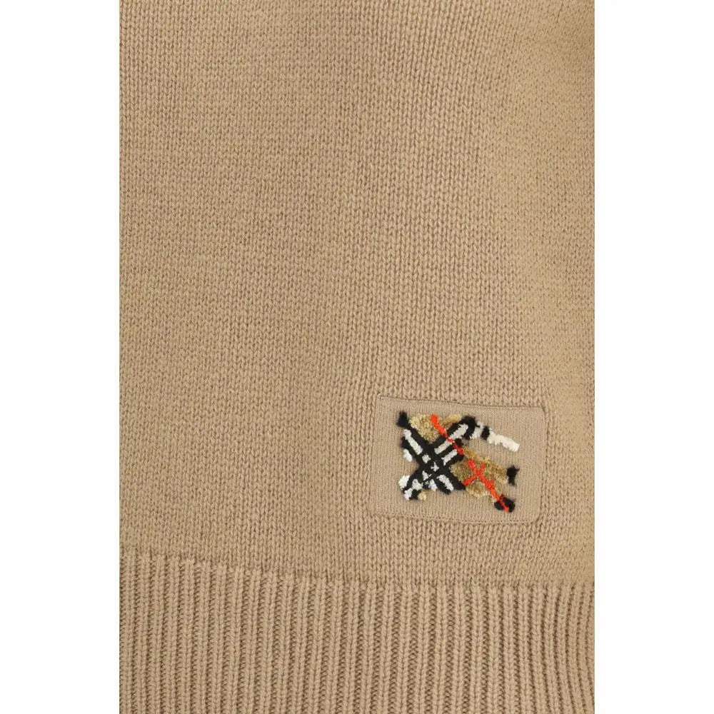 Pull en cachemire beige burberry avec patch brodé rectangulaire au motif iconique burberry check noir blanc orange et or
