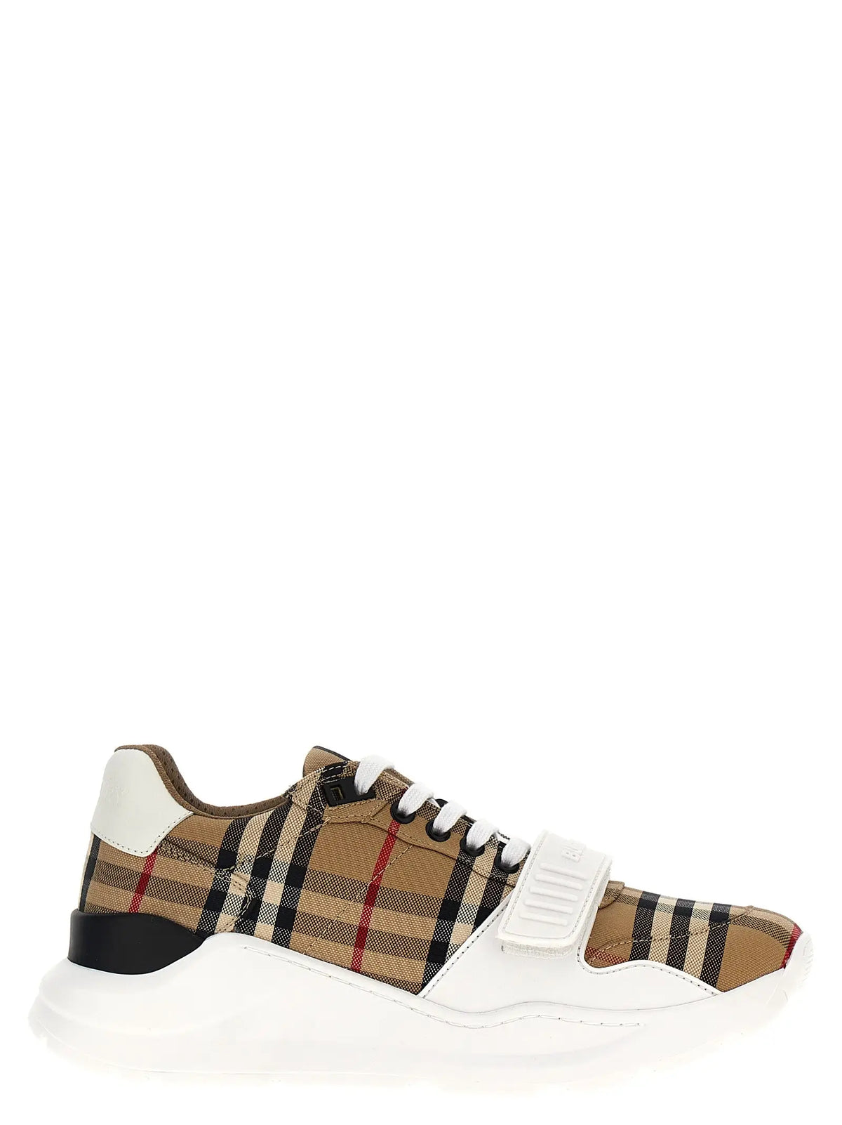 Baskets athlétiques beige burberry en coton avec motif check burberry, accents en cuir blanc et semelle épaisse blanche