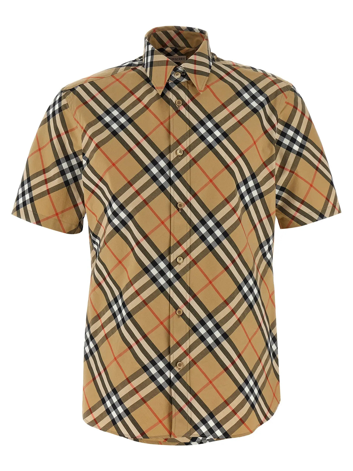 Chemise burberry beige en coton à manches courtes avec motif à carreaux beige noir blanc et rouge col classique