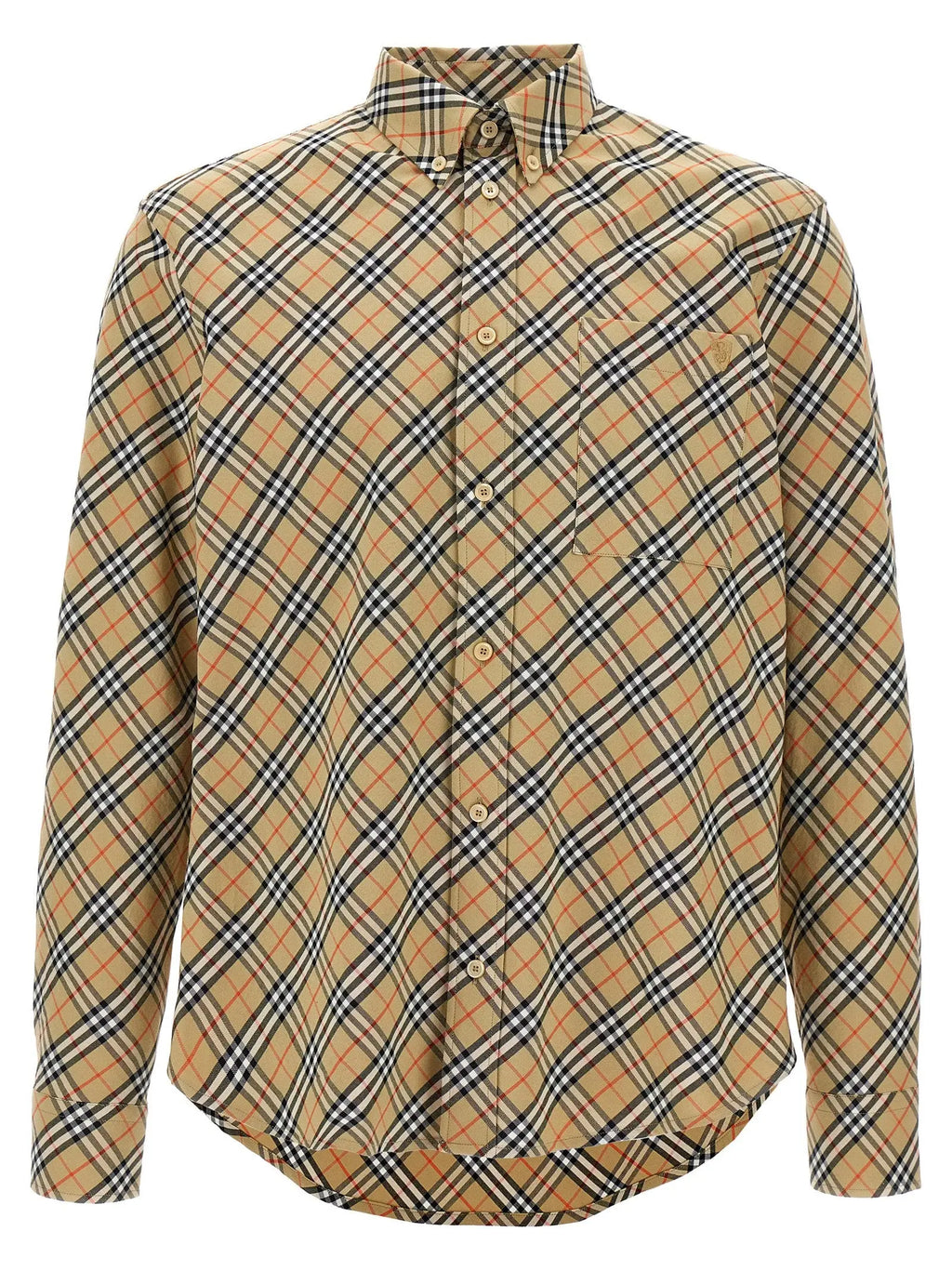 Chemise beige burberry en coton à manches longues à carreaux noirs et rouges avec col classique et boutons
