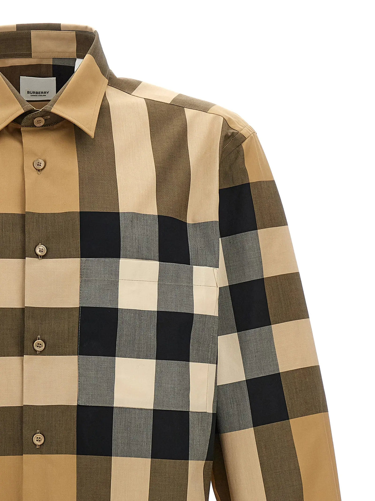 Chemise beige burberry en coton à manches longues à carreaux noirs et gris avec col classique et boutons
