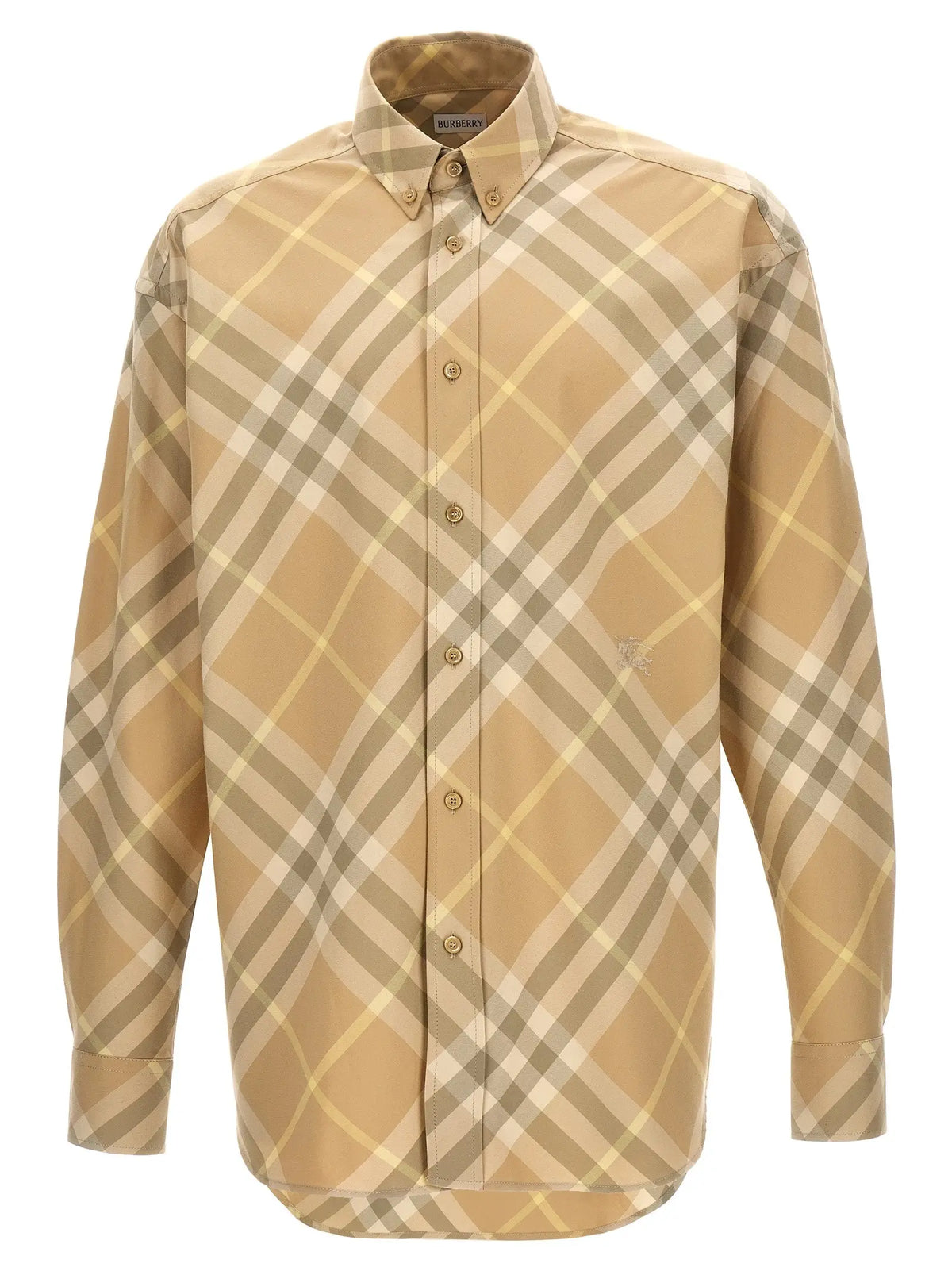 Chemise boutonnée beige et taupe en coton burberry avec logo brodé discret sur la poitrine gauche