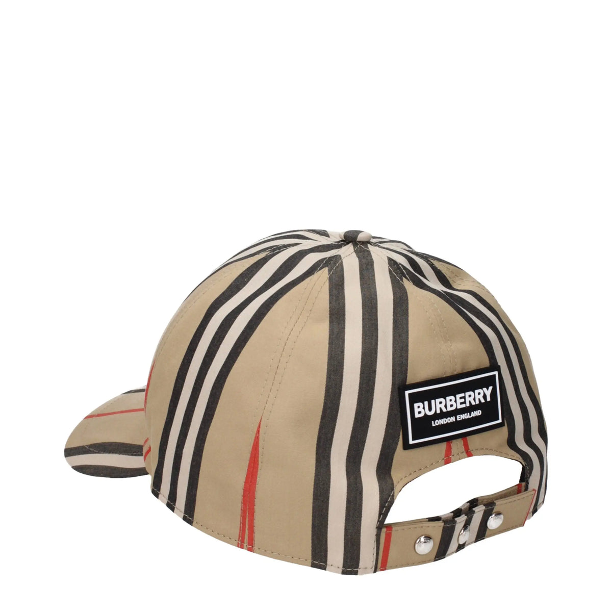 Casquette burberry beige en coton avec rayures noires et rouges et patch logo burberry sur le devant