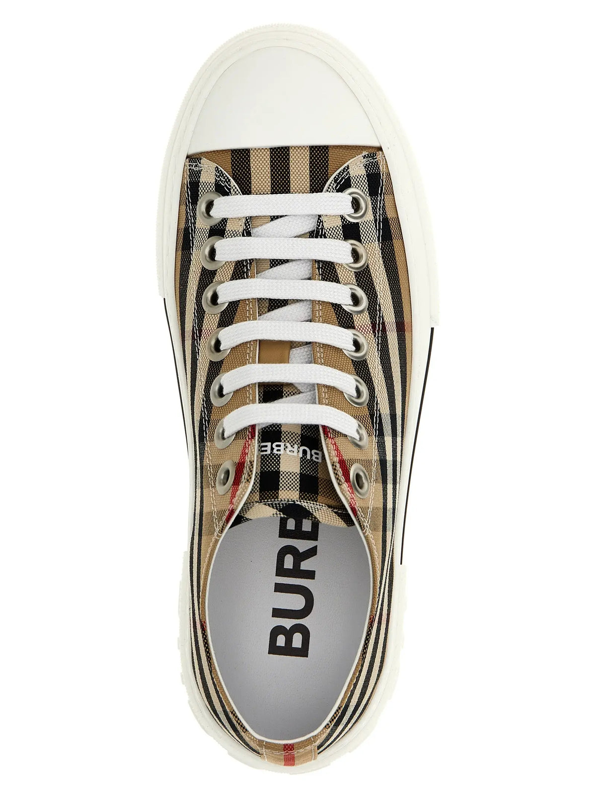 Burberry beige cotton low top sneakers with burberry check pattern white laces and thick white rubber sole