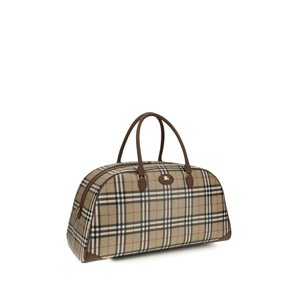 Sac de voyage burberry beige en coton avec motif écossais noir et beige, poignées et finitions en cuir marron