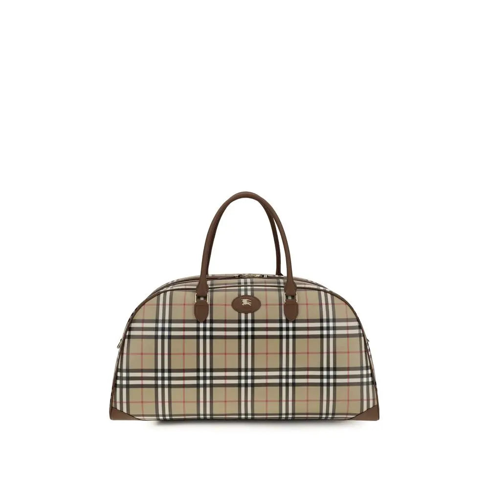 Sac de voyage burberry beige en coton à carreaux noirs avec poignées et finitions en cuir marron
