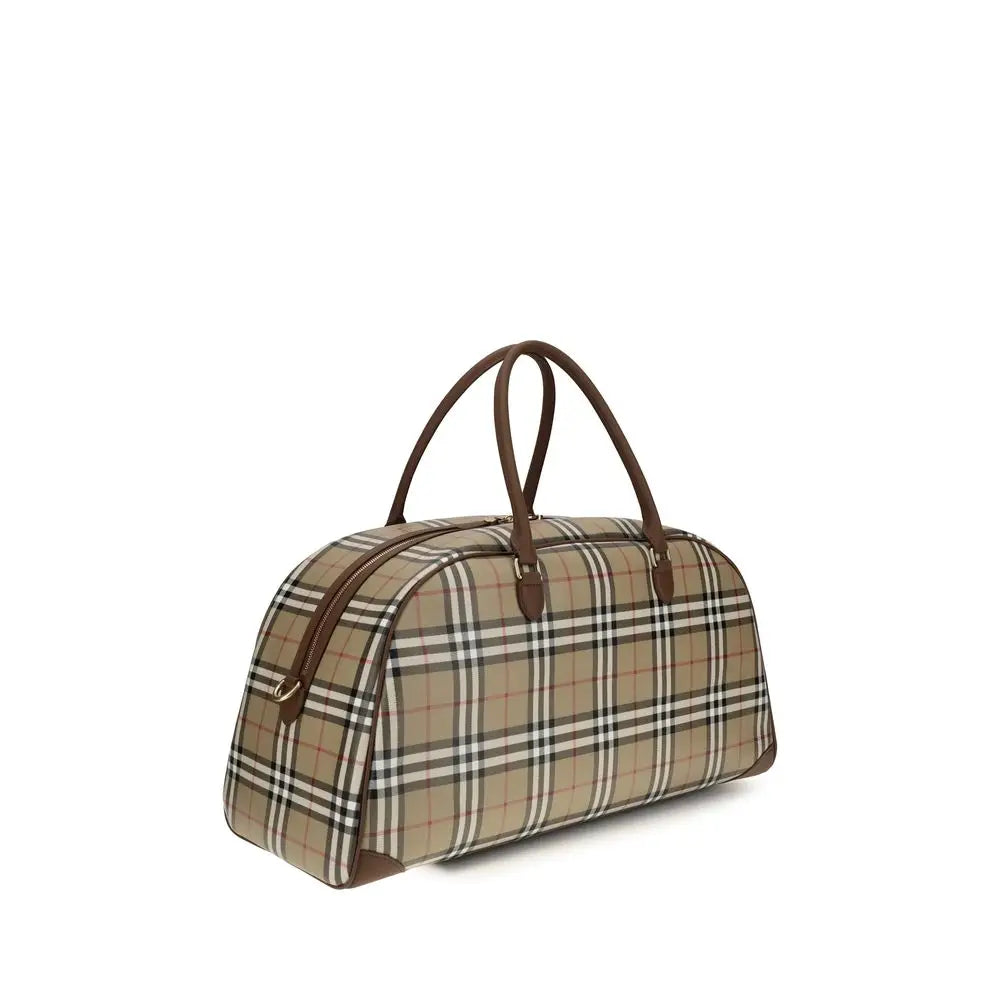 Sac de voyage Burberry beige en coton avec motif carreaux noirs et poignées en cuir marron