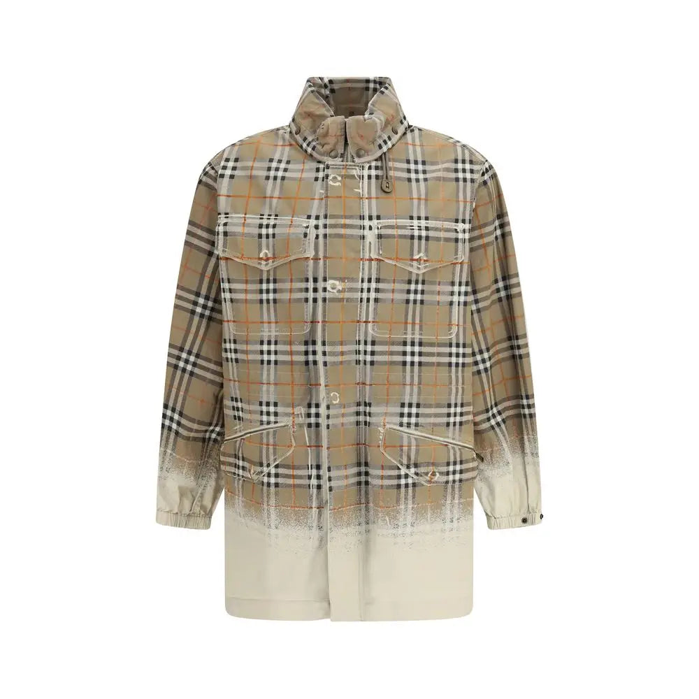 Burberry beige coton parka à carreaux noirs avec dégradé vers crème à l’ourlet