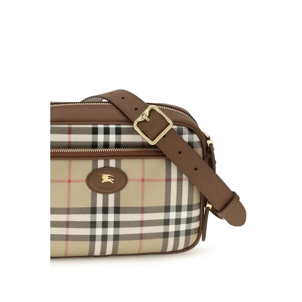 Sac à bandoulière en coton beige burberry avec motif à carreaux noir, sangle en cuir marron et ferrures dorées