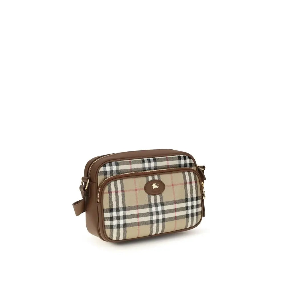 Sac bandoulière burberry beige en coton avec motif écossais beige noir et rouge et garniture en cuir marron