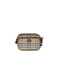 Sac bandoulière burberry beige en coton à carreaux noirs avec garniture en cuir marron et plaque logo dorée