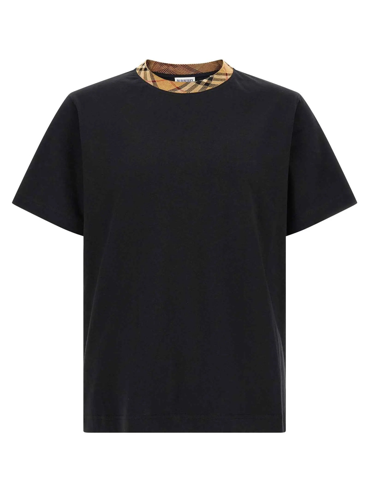 T-shirt burberry beige en coton noir avec col à carreaux beige et marron contrastant et logo burberry