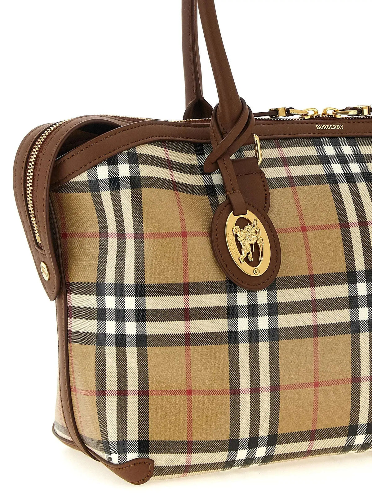 Sac cabas beige burberry en coton avec motif tartan beige noir blanc rouge et finitions en cuir marron