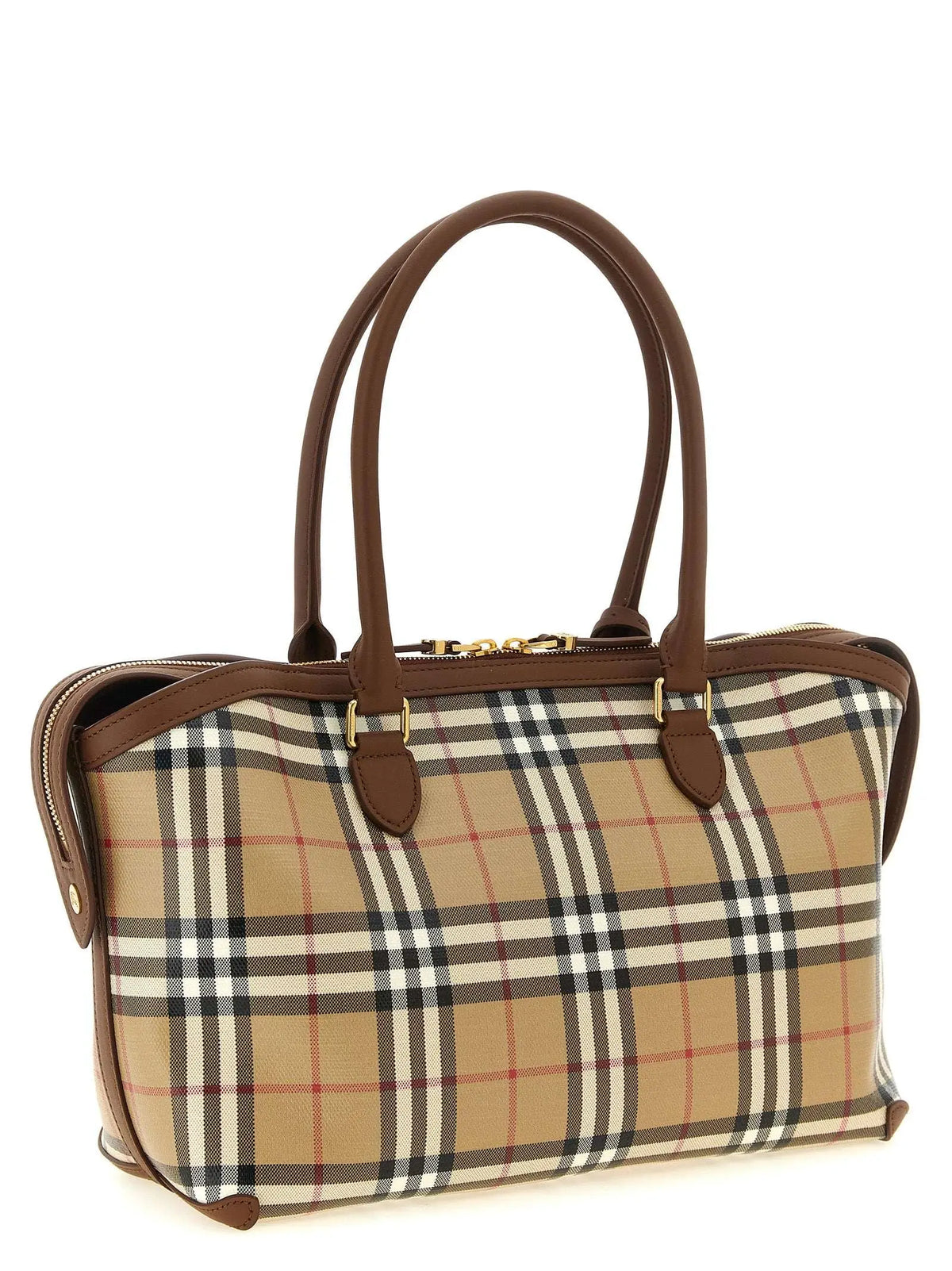 Sac cabas burberry beige en coton avec motif écossais beige noir blanc rouge et poignées en cuir marron