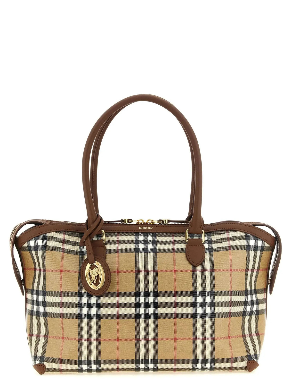 Sac cabas beige en coton burberry avec motif à carreaux et poignées en cuir marron