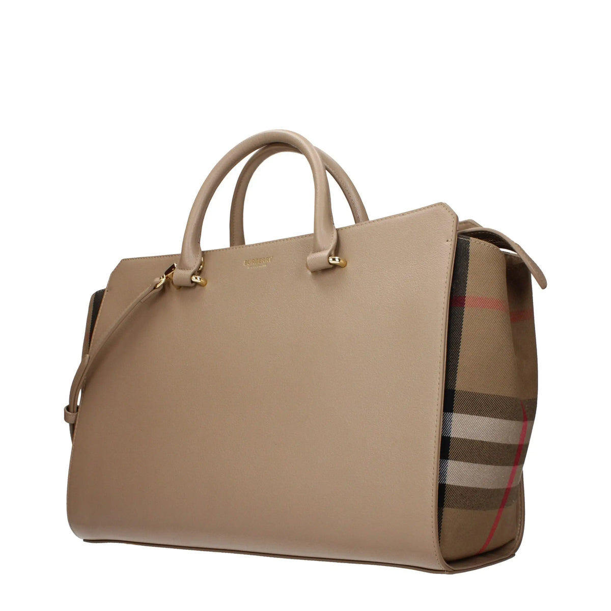 Sac à main burberry en cuir beige avec motif à carreaux distinctif et ferrures dorées