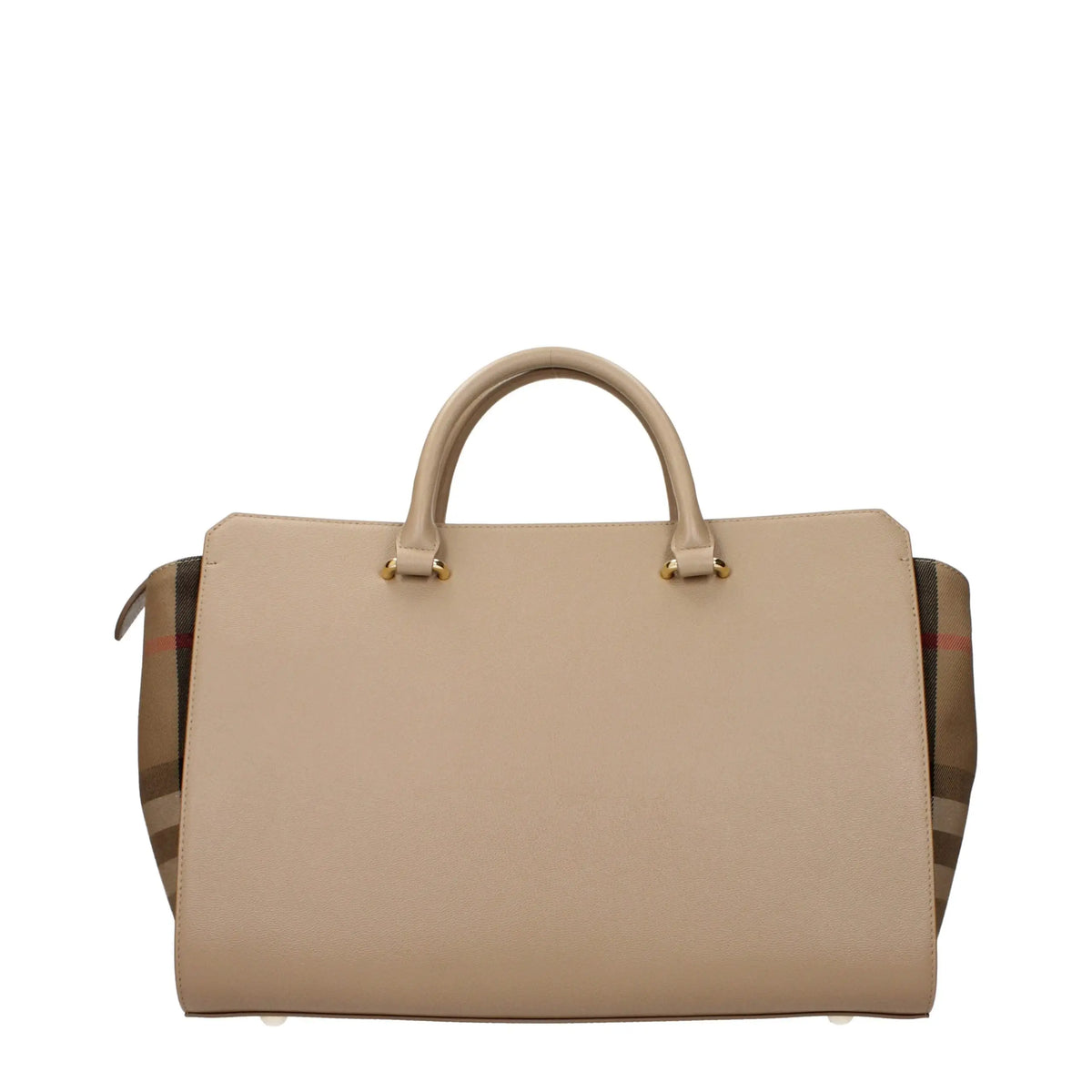 Sac à main burberry en cuir beige avec design structuré et panneaux latéraux rayés signature