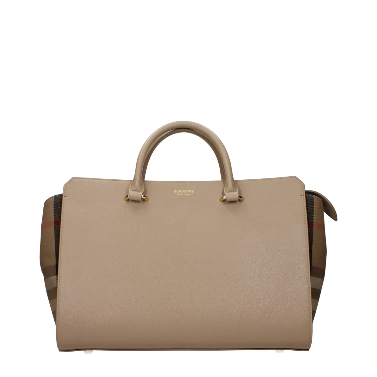 Sac à main burberry beige en cuir avec poignée supérieure et imprimé à carreaux signature sur les côtés