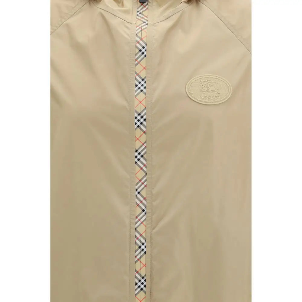 Veste burberry beige en nylon avec fermeture éclair à motif à carreaux et patch logo embossé