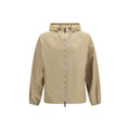 Veste burberry beige en nylon avec capuche, fermeture éclair à motif check distinctif et poche poitrine discrète