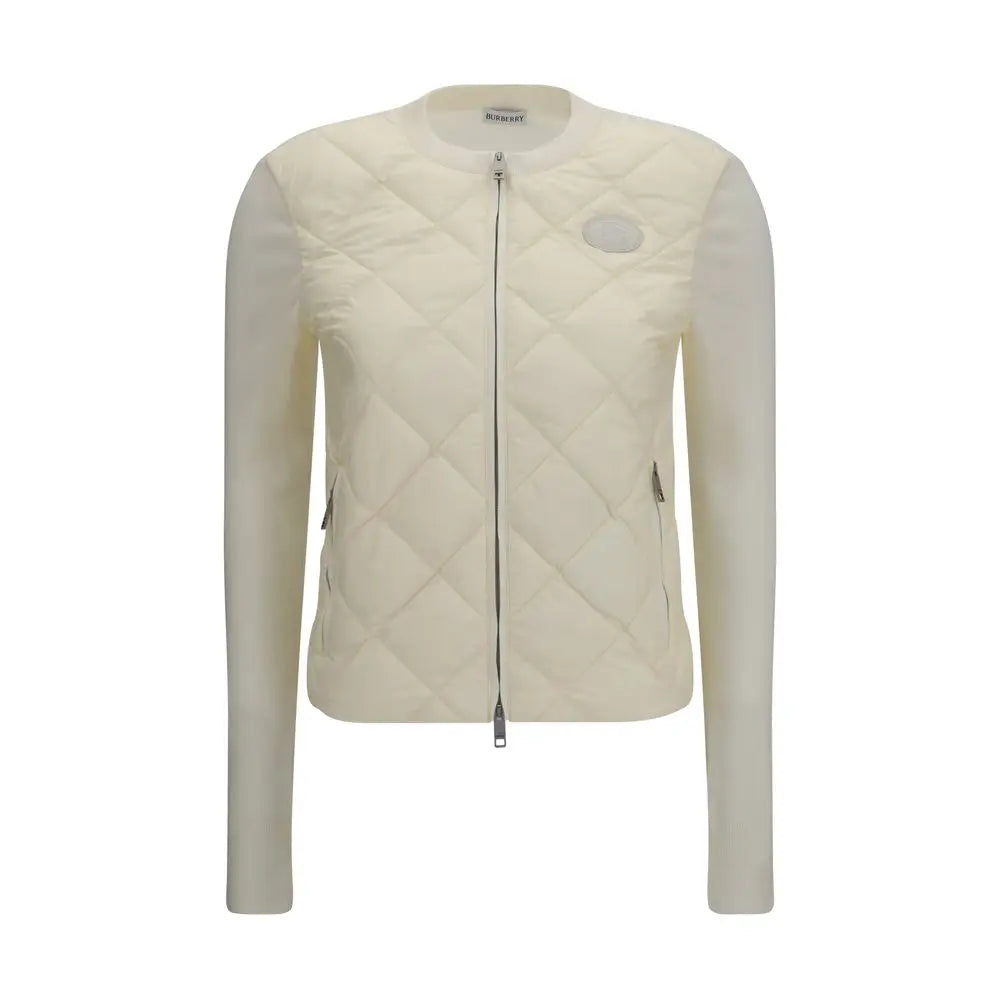 Cardigan beige burberry en polyamide avec design moderne, matelassé crème et branding subtil au col